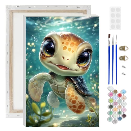 Lxmsja Cute Turtle Paint by Numbers Kit for Adults, Fantasy Ocean Acrylic Paint by Numbers for Adults Beginner, DIY Craft Supplies Oil Painting Kits for Home Wall Decor 8x12 inch (Framed) - color: green#090