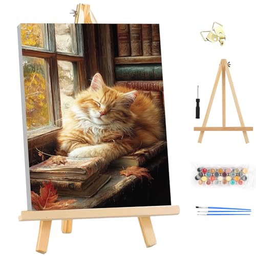 EOBROMD Framed Paint by Numbers Kits for Adults with Wooden Easel, Sleepy Cat DIY Paint by Numbers for Adults Beginner, Painting on Stretched Canvas, Oil Painting Kits for Home Decor Gift 10x14 Inch - color: LG052