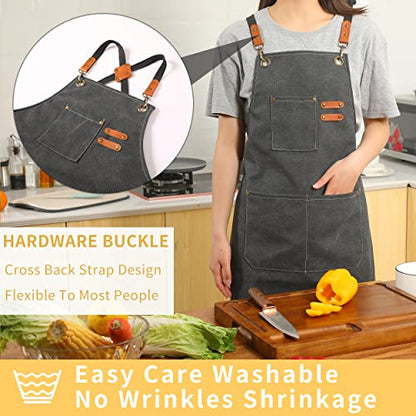 Tosewever Canvas Cross Back Chef Cotton Aprons for Men Women with Large Pockets - color: Grey