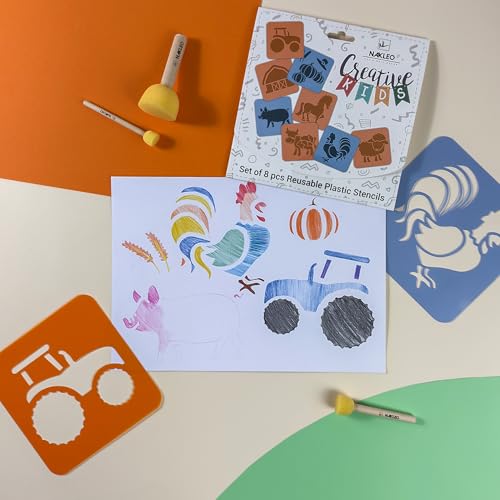 NAKLEO Painting Stencils for Kids, 8 Pcs Set 6x6” Farm Animals, Children Creative Drawing Templates Plastic and Reusable, DIY Decoration Arts and Crafts, Paper Wall Wood Fabric - color: FARM ANIMALS