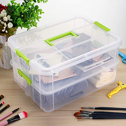 JUXYES 2-Tiers Plastic Stack Carry Storage Containers Box wih Handle Lids - color: Green