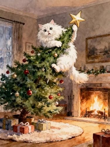 ijbnhd Christmas Tree Diamond Art Kits for Adults Christmas Cat 12X16inch | Christmas Cat Diamond Painting Kits for Adults, DIY Full Drill Christmas Gem Art Crystal Rhinestone for Wall Home Decor - color: Christmas Tree Cat, size: 12x16in(30x40cm)