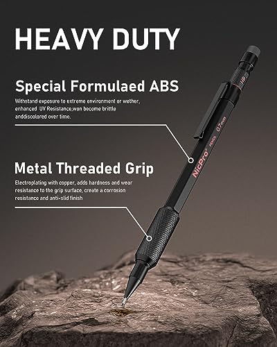 Nicpro 0.7 mm Mechanical Pencil Set with Case, 3PCS Metal Pencil | MP2000 Heavy Duty Lead Pencil + 6 Tube HB Lead Refill, Eraser, Weatherproof Metal Barrel for Outdoor Writing Drafting Drawing - size: 0.7mm