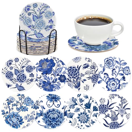 Blue Flower Diamond Art Coasters - 8 Pcs Diamond Painting Coasters Kits with Cork Base Home Table Decor DIY Crafts Party Supplies Mother's Day Birthday Gift for Adult Beginners - color: Blue Floral