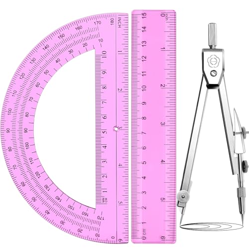 Zonon 3 Pcs 6" Clear Plastic Ruler 6 Inch Protractor Compass Set, Pink - color: Pink, size: 6 Inch