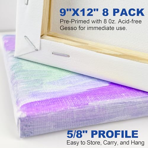 Stretched Canvases for Painting, 8 Packs 9X12 Inch Canvases for Acrylics,Oils & Other Painting Media, 5/8 Inch Profile 100% Cotton Primed Artist Framed Canvas - size: 8 Pack - 9×12IN