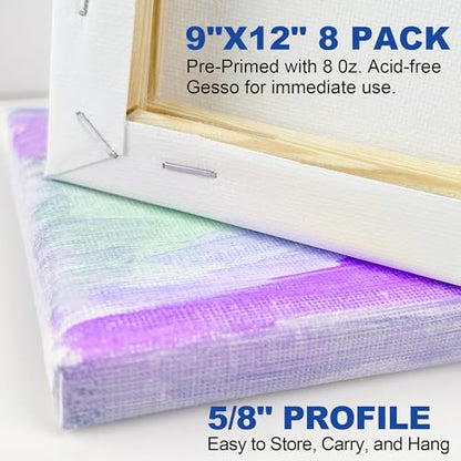 Stretched Canvases for Painting, 8 Packs 9X12 Inch Canvases for Acrylics,Oils & Other Painting Media, 5/8 Inch Profile 100% Cotton Primed Artist Framed Canvas - size: 8 Pack - 9×12IN