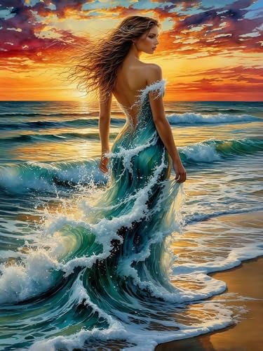 5D Ocean Wave Woman Diamond Art kits for Adults Beginners 12x16inch | Fantasy Beach Sunset Lady Diamond Painting Kit, DIY Full Round Drill Paint by Diamonds Dot Gem Art for Adult, Home Wall Decor - color: KM1073-1