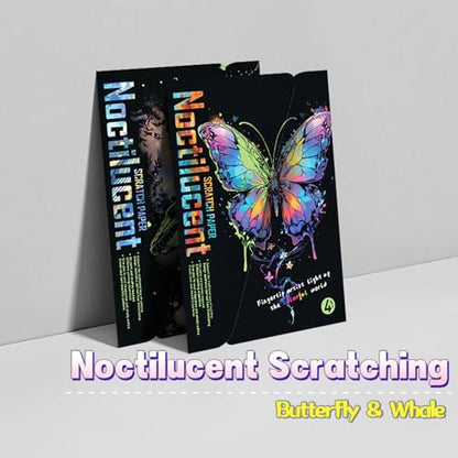 DESINIK Scratch Painting Art Paper Scratch Art for Adults Creative DIY Art Craft Gift Scratch Rainbow Painting Luminous Paper Set with 4 Tools 11.7''x8.3''(Whale&Butterfly) - color: Whale&Butterfly