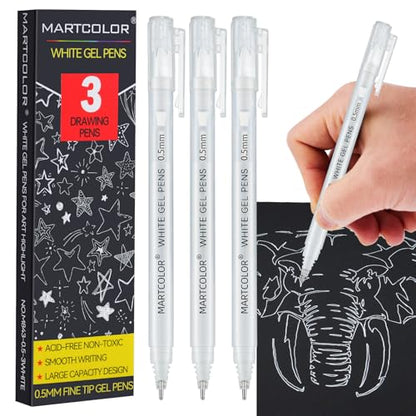 MARTCOLOR White Gel Pens, 3 Pack 0.5mm Extra Fine Point White Gel ink Pens | Opaque Archival Ink Pen for Black Paper Drawing, Art Highlight, Illustration, Bullet Journaling, Card Making & DIY Projects - style: White - 0.5mm