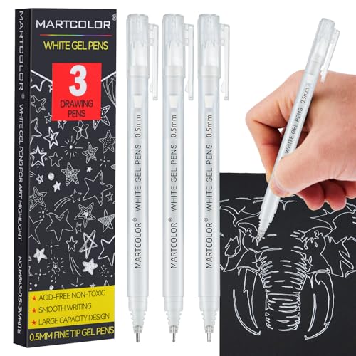 MARTCOLOR White Gel Pens, 3 Pack 0.5mm Extra Fine Point White Gel ink Pens | Opaque Archival Ink Pen for Black Paper Drawing, Art Highlight, Illustration, Bullet Journaling, Card Making & DIY Projects - style: White - 0.5mm