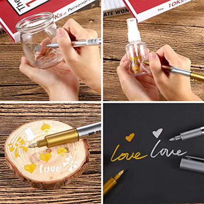 Gersoniel 6 Pack Gold and Silver Metallic Marker Pen, Permanent Paint Pen | 1.5mm Fine Point Tip, Metallic Paint Pen, for Christmas DIY Crafts Painting Paper Cards Writing Signature Lettering - size: 1 Count (Pack of 6)
