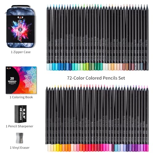 H & B 72-Color Colored Pencils Set with Mandala Coloring Sheets, Eraser, Sharpener - Soft Oil-Based CoresArt Supplies Drawing Kit for Adults, Kids, and Beginners - size: 1 Count (Pack of 72)