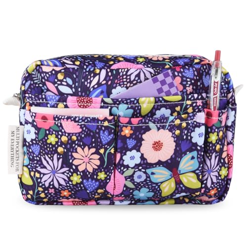Multiple Pockets Portfolio Organizer with Zippered,Storage Pencil Pouch Bag - color: Deep Purple Flowers
