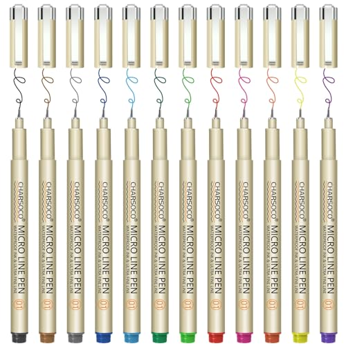 01 Micro Pen, Fine Point Pen with 12 Colors, Waterproof Archival Ink, 0.25mm Fineliner Ink Pens for Artist Illustration, Sketching, Anime, Manga, Technical Drawing and Scrapbooking - color: 12 Colors