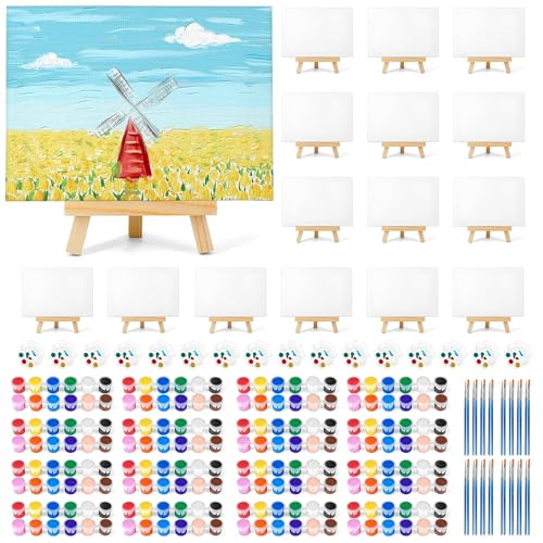 16 Pack 8x10in Canvas Painting Kit, Canvases Board & Easel & Acrylic Paint Set for Adults, Drawing Boards with Palette & Brushes for Party