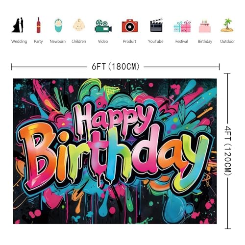 INRUI Colorful Graffiti Happy Birthday Photography Backdrop 6x4FT | Vibrant Drip Graffiti Birthday Art, Lightweight Vinyl, Retro/Hip-hop/Birthday Party Photo Backdrop, Easy Hang & Wipe Clean - size: 6x4FT
