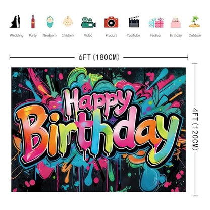 INRUI Colorful Graffiti Happy Birthday Photography Backdrop 6x4FT | Vibrant Drip Graffiti Birthday Art, Lightweight Vinyl, Retro/Hip-hop/Birthday Party Photo Backdrop, Easy Hang & Wipe Clean - size: 6x4FT