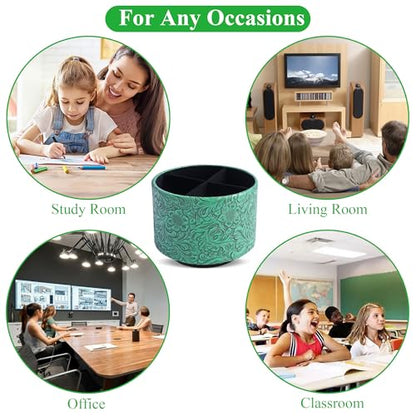 Round Leather Art Supply Organizer,Remote Control Holder,360 Degree Spinning,Multi-Functional Pencil Holder,4 Compartments Desktop Stationary Organizer(1-Carved Green) - color: 1-Carved Green