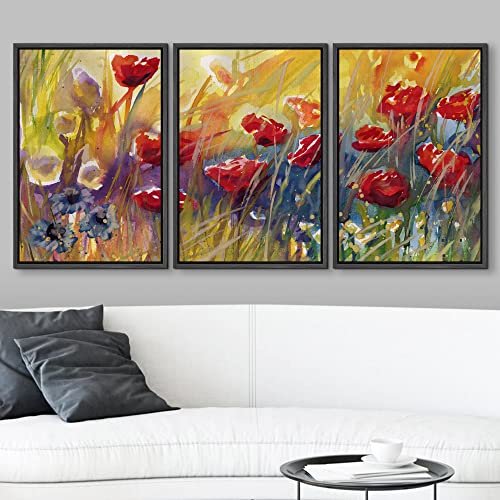 wall26 - 3 Piece Framed Canvas Wall Art - Poppies, Flowers, Modern Home Art Stretched and Framed Ready to Hang - 16"x24"x3 Black - color: Artwork - 04, size: 16" x 24" x 3 Panels BLACK