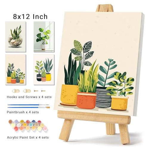 4 Pack Framed Paint By Numbers Kit for Adults Beginner Green Plant Adult Paint By Number Kits on Canvas Plants Painting By Numbers for Adults with Frame Diy Painting Kits for Home Wall Art 8x12 Inch - color: NZT1316, size: 8x12 Inch
