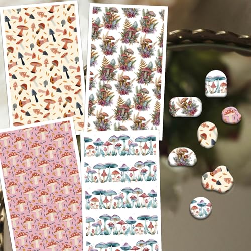 OLYCRAFT 24Pcs Mushrooms Transfer Paper 4 Styles Colorful Mushrooms Clay Transfers Paper for Polymer Clays Earring Bohemia Transfer Sheets Small Ceramic Decal for Earring Jewelry Making - style: Mushroom