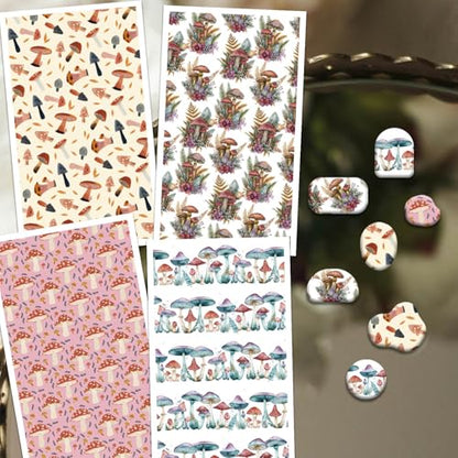 OLYCRAFT 24Pcs Mushrooms Transfer Paper 4 Styles Colorful Mushrooms Clay Transfers Paper for Polymer Clays Earring Bohemia Transfer Sheets Small Ceramic Decal for Earring Jewelry Making - style: Mushroom