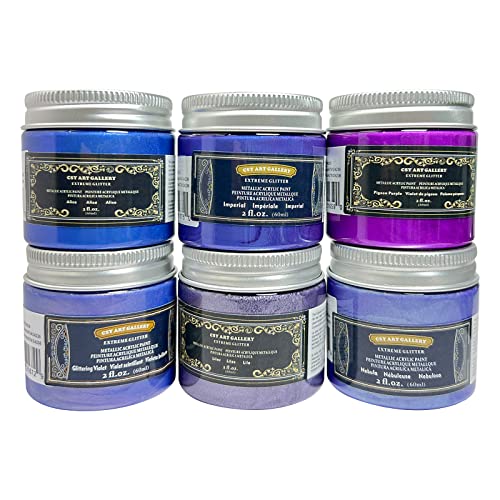 Metallic Acrylic Paint Set,2 Ounces x 6 Assorted Colors, Iridescent Purple and Blue Ink Pigment Non-Fading, Rich Vivid Pigments, Brilliant Glitter Finish, Fast Dry Formula(Seine Night) - color: Seine Night