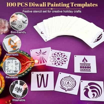 100 Pcs Small Stencils for Crafts, 2 Inch Reusable Cute Stencils for Painting on Wood DIY Craft for Drawing Templates Wall Home Decor Canvas Fabric (Diwali) - style: Diwali