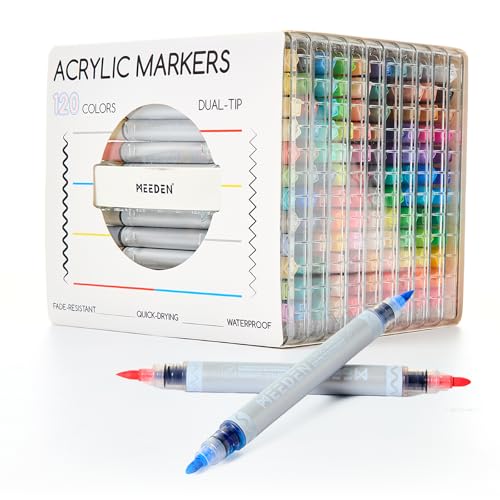 MEEDEN Acrylic Paint Markers Dual Tip: 120 Colors Brush & Round Tip for Art | No-bleed Water-based Acrylic Markers with Automatic Ink Control for Adult Coloring, Waterproof Paint Markers for DIY Crafts - color: 120 Codors