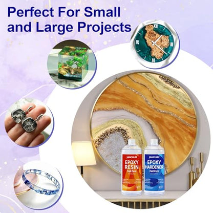 JANCHUN Epoxy Resin Kit 32oz, Bubble Free Crystal Clear Resin | Anti-Yellowing Self Leveling Easy Mix 1:1 Coating and Casting for Art Table Tops Molds Tumblers Crafts Jewelry DIY Gifts - size: 32 fl oz
