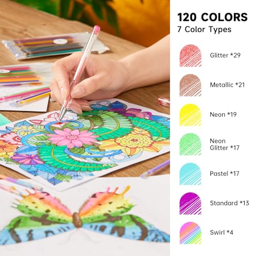 Shuttle Art Gel Pen Refills, 120 Colors (No Duplicates) Gel Pen Refills, 7 Color Types for Kids Adults Coloring Books Drawing Doodling Crafts Scrapbooking Journaling - color: 120 Colors