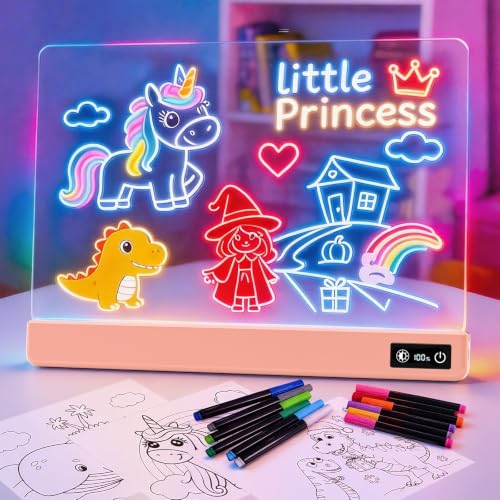 17 Inch Rechargeable LED Drawing Board for Kids, Upgraded 15 Colors Light Up Doodle Pad, Anti-Scratch PVC, Flicker-Free Eye Care, Includes Tracing Cards & 12 Markers, Gift for Girls Kids (Pink) - color: Pink