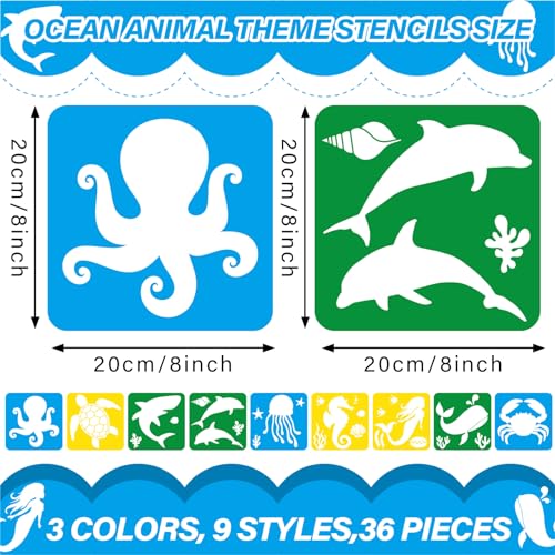 36pcs Ocean Animal Drawing Stencils for Kids 8 Inch Sidewalk Chalk Stencils Painting Large Washable Reusable Sea Animal Themed Primary Shape Template for Kids Toddlers Preschool - style: Ocean Animal