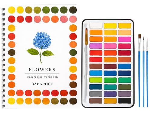 Spiral-Bound Watercolor Workbook with Guided Flower Illustrations – Beginner Painting Practice Book with Themed Sketch Pages, Includes 36 Color Watercolor Set & Brushes (Flowers) - color: FLOWERS