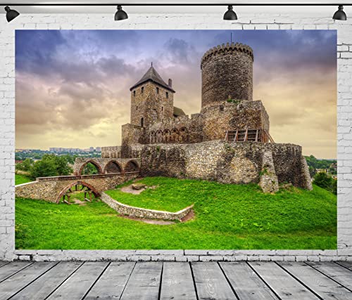 BELECO 12x8ft Fabric Poland Medieval Castle Photography Backdrop Będzin Castle Sunset Scenery Ancient Old Fortress European Stone Tower Gothic Architecture Historical Heritage Background Photo Props - size: 12x8FT