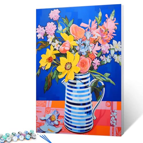 Tucocoo Blue White Jug Paint by Bumbers for Adults Graffiti Purple Background Colorful Flowers DIY Paint by Numbers Acrylic Paint Canvas Women Painting Kits Art 16x20 Inch（DIY Frame） - color: Floral Vase 04, size: 16''x20''(DIY Frame)