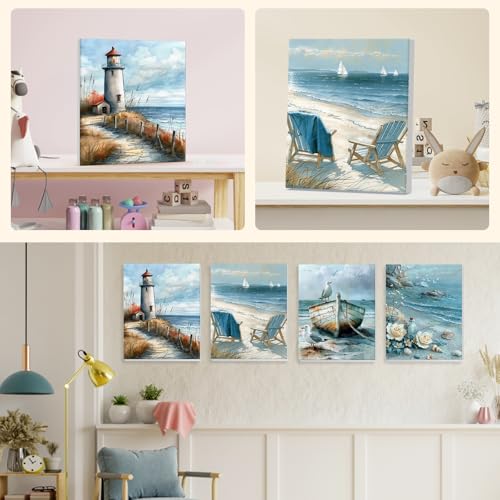NEWENMO 4 Pack Paint by Numbers Kit for Kids Beginner with Wooden Frame, Lighthouse, Beach, Paint by Numbers Kit for Adults, Coastal Landscape, DIY Painting Kits for Home Wall Decor 8x10 inch - color: beach-02
