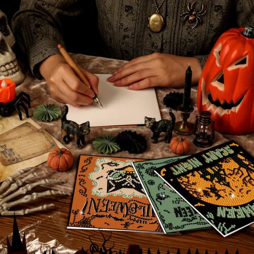 Saillong 12 Pack Halloween Diamond Painting Greeting Card Kits DIY Halloween Diamond Art Cards with Envelopes Green Black Cat Skull 5D Rhinestones Painting Kit for Adults DIY Craft Family Friend Gifts - color: Retro Halloween