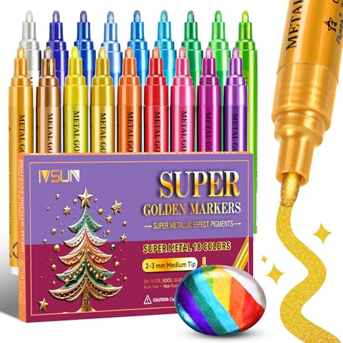IVSUN Metallic Markers, 18 Colors Glitter Acrylic Gold Paint Pens - color: 18 Colors
