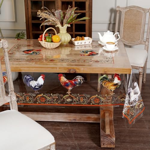 Clear Table Cover Protector Rooster Vinyl Table Cloth, 52"x70" | Dining Room, Kitchen Meals, Tabletop Protection, Easy Cleanup, Brunch, Parties, Holiday Gatherings, Everyday Use - color: Roosters, size: 52" x 70" (Rectangular)