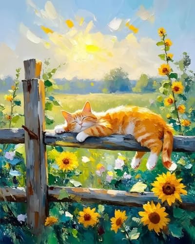 MBNTJHT DIY Cat Paint by Numbers Kit for Adults with Brushes,Cat Sleeping on Fence Paint by Number Kits for Beginners,Unframed Watercolor Painting Art Kits Crafts for Home Wall Decor 16x20 Inch. - color: MT22287