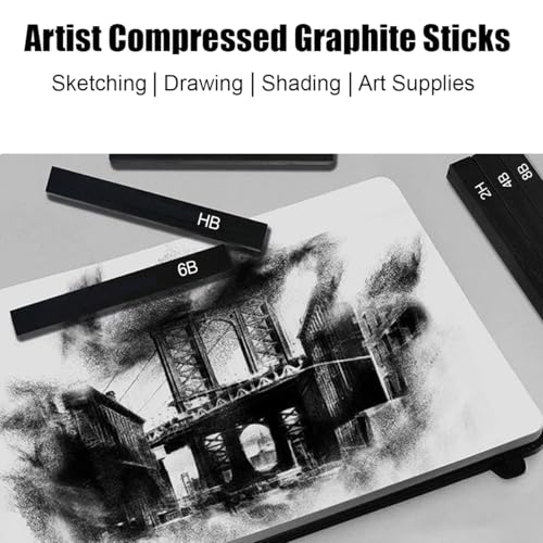 Compressed Charcoal Sticks 6 PCS, Graphite Sticks Square 6 Pieces, Kneaded Rubber Erasers Large Size 4 Pack