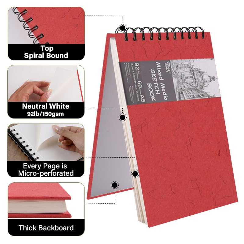 5.8" x 8.3" Mixed Media Sketch Book,Spiral Bound Hardcover Sketchbook,60 Sheets 92lb/150gsm Neutral White Acid Free Paper,Art Journal Sketchbook for Drawing Writing Sketching Illustration,Red - color: Neutral White-Red