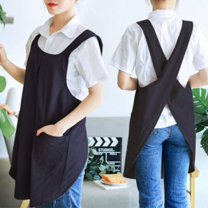 NEWGEM Japanese Cotton Linen Cross Back Cooking Apron for Women Men with Pockets Cute for Baking Kitchen - color: 04 - Women's Black
