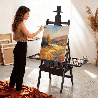 Beech Wood H-Frame Easel for Painting with Tray & Drawer, Walnut | Heavy-duty Floor Adjustable Height & Angle Studio Art Easel Stand, Holds 30"-50" Canvas, Foldable Painting Easel for Adults - color: Walnut