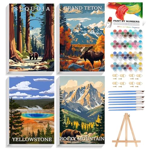 Reivworl 4 Pack Framed Paint by Numbers for Adults with Wooden Easel, National Parks Paint by Numbers Kit for Adults Beginner, Acrylic Painting by Number for Home Decor 8X12 Inch - color: 02-National Parks