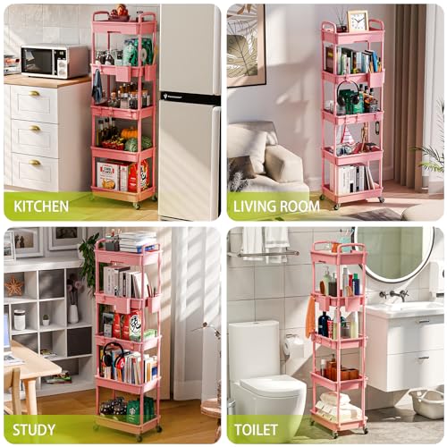 Sorgion 5 Tier Rolling Cart Organizer,Bathroom Cart Organizers with Wheels Laundry Room Organization Mobile Shelving Unit Utility Cart Storage Shelves Multi-Functional for Office, Home(Pink) - size: 5Tier-Pink