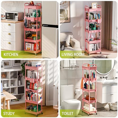 Sorgion 5 Tier Rolling Cart Organizer,Bathroom Cart Organizers with Wheels Laundry Room Organization Mobile Shelving Unit Utility Cart Storage Shelves Multi-Functional for Office, Home(Pink) - size: 5Tier-Pink