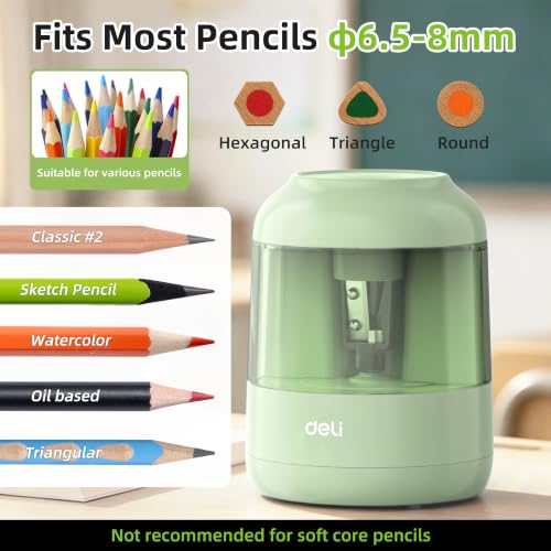 deli Electric Pencil Sharpener, Battery Operated, 6.5–8mm for Classroom | Battery Electric Pencil Sharpener, Durable Blade 5000+ Sharpen, Fits 6.5-8mm Pencils Classroom Kids Home - color: Green